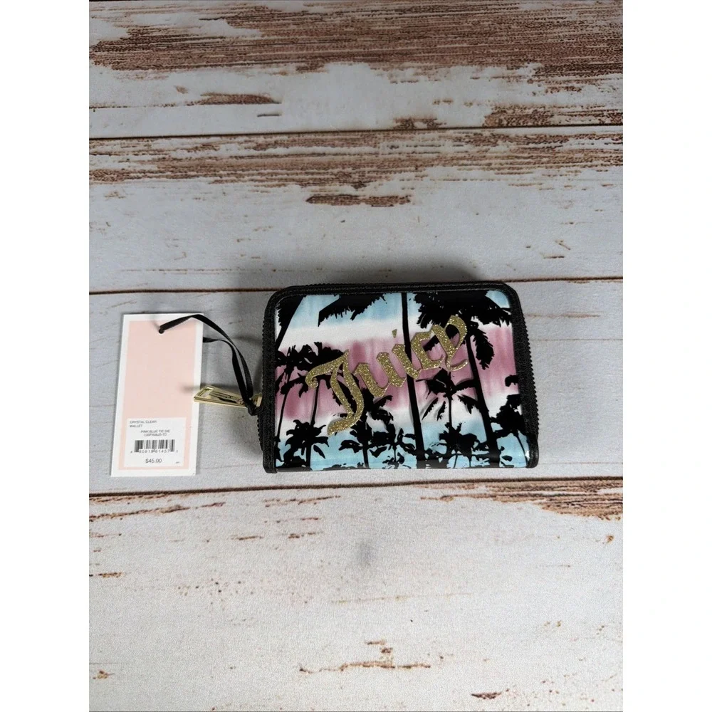 Juicy Couture Crystal Clear Wallet Palm Trees Pink Sunset Zip Around NWT